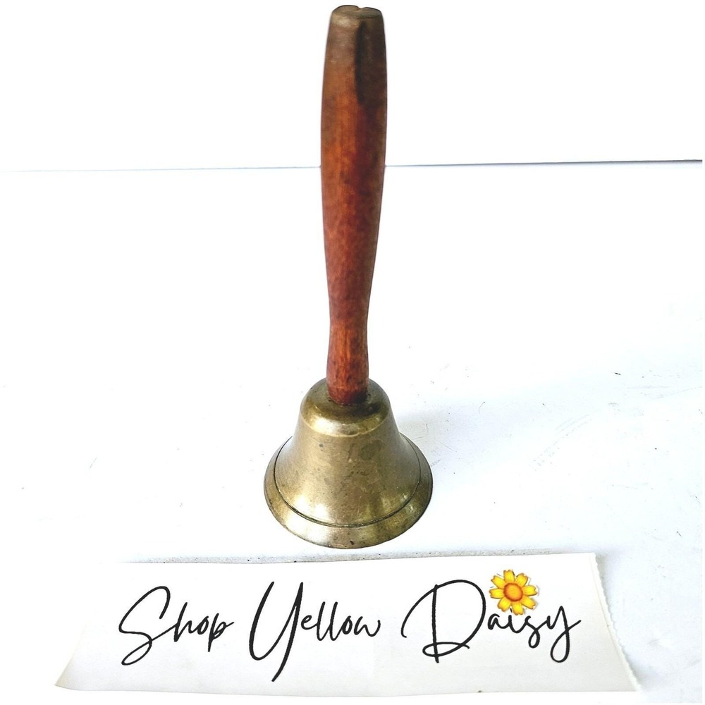 Vintage Brass Hand Bell‎ Wood Handle 5.5 Inch School Teacher Dinner Bell Decor